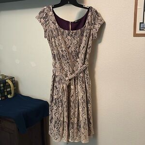 EShakti women’s dress Sz 10 Cream Lace with Purple, pockets smocked waist NWOT 💜